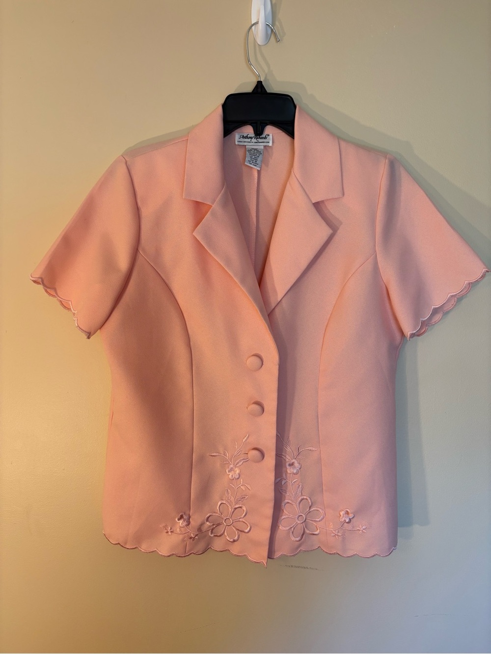 Anthony Richards Soft Peach Short-Sleeve Blazer with Floral Embroidery